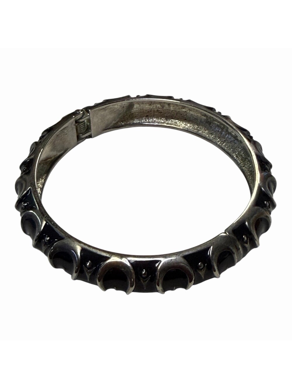 Vintage Black Enamel Hinged Bangle Bracelet Silver Tone Clamper Cuff Retro